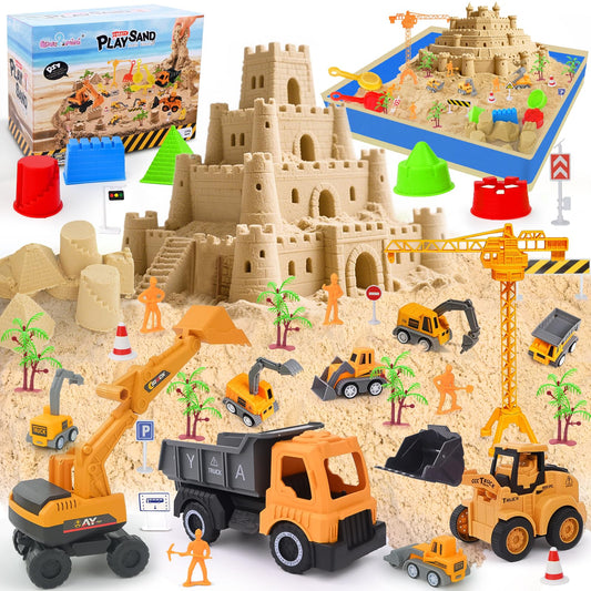 Love&Mini sensory sand kit with trucks for imaginative outdoor play and fine motor skills.