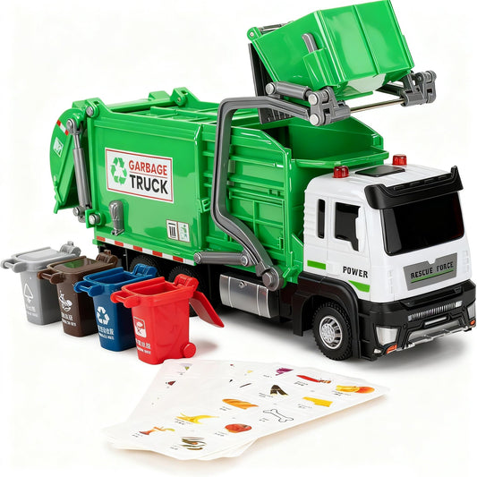 LOVEPOSELEY garbage truck toy in green pull-back mode for interactive play.