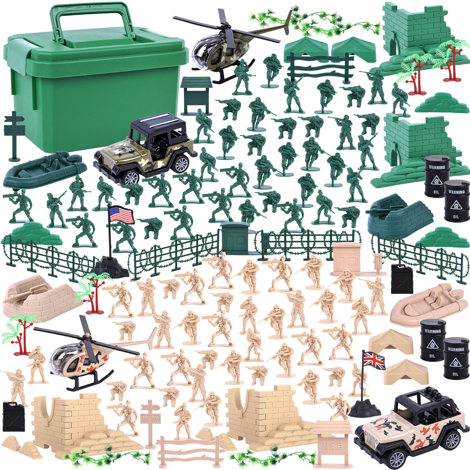 LovesTown 117PCS army base with open box for quick cleanup after playtime.