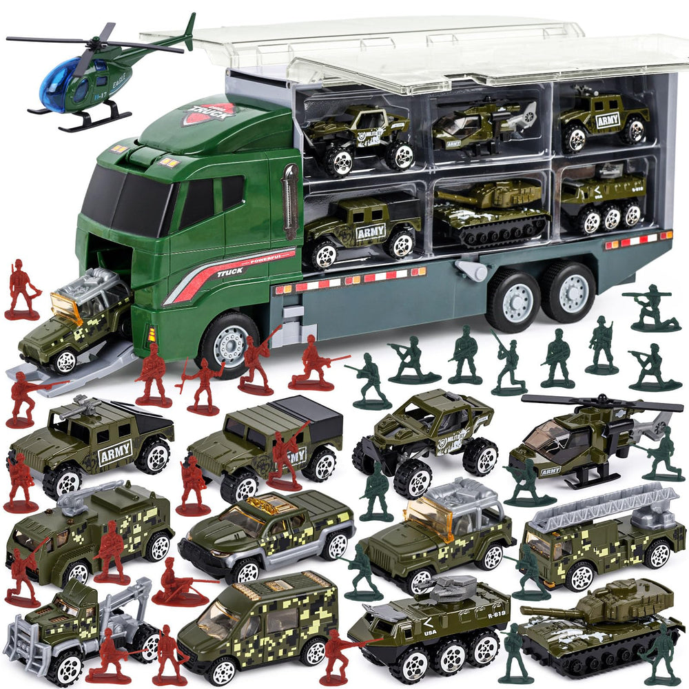 LovesTown 44PCS military truck set with carrier truck for immersive play and storage.