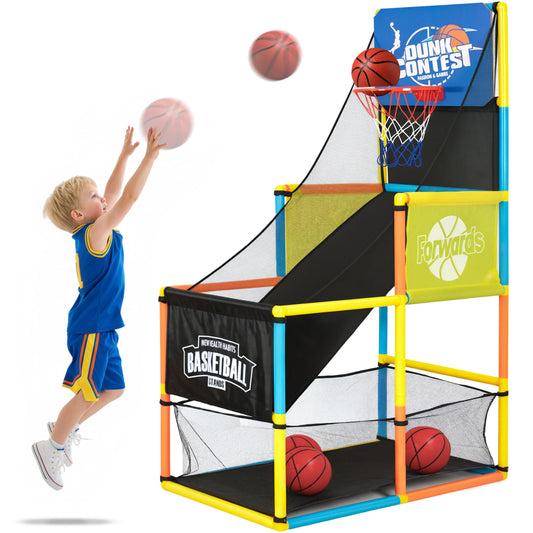 LovesTown arcade basketball game set being assembled indoors for quick play.