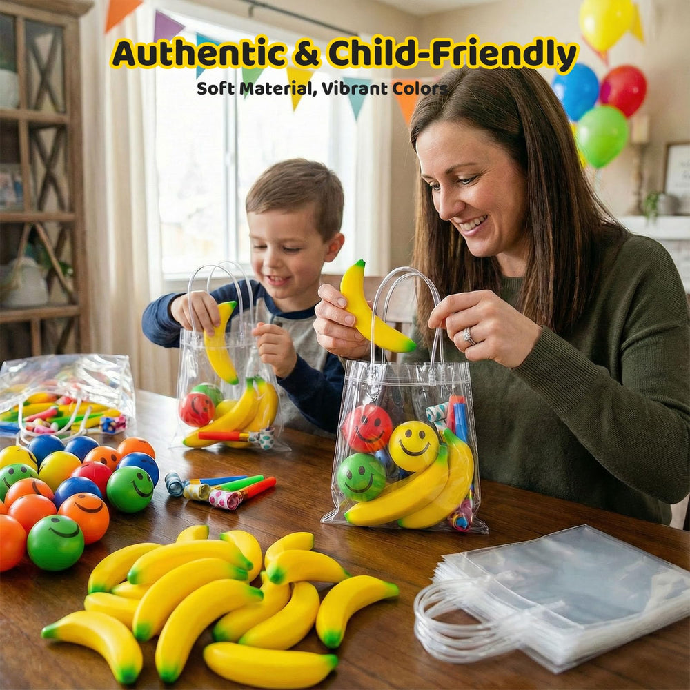 LovesTown banana squeeze toy in hand demonstrating snap-back design