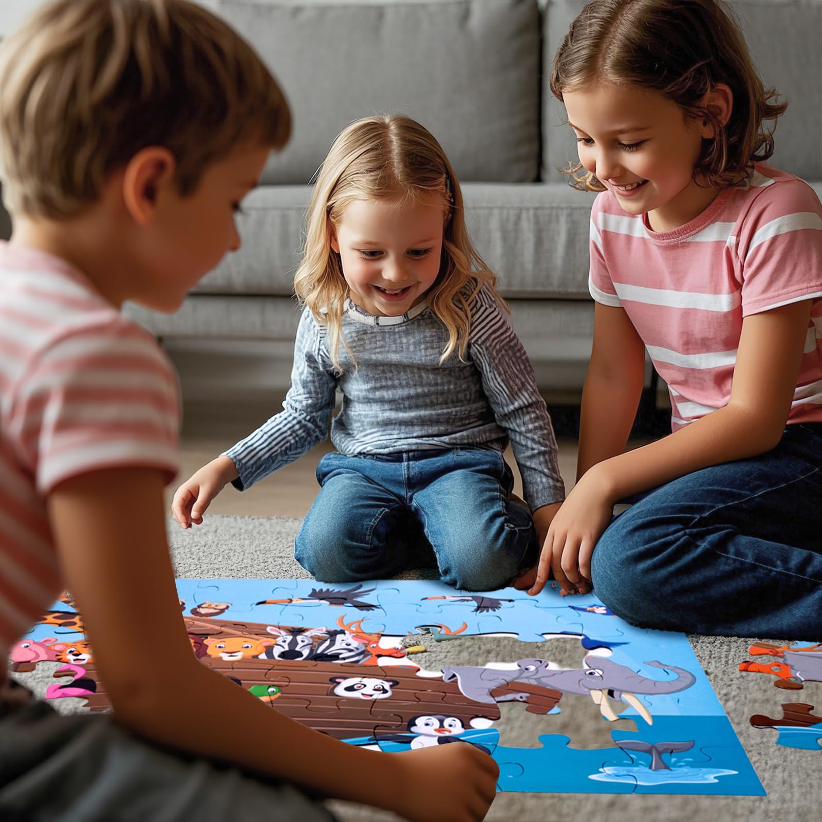 LovesTown cartoon animals engage a child during imaginative play.