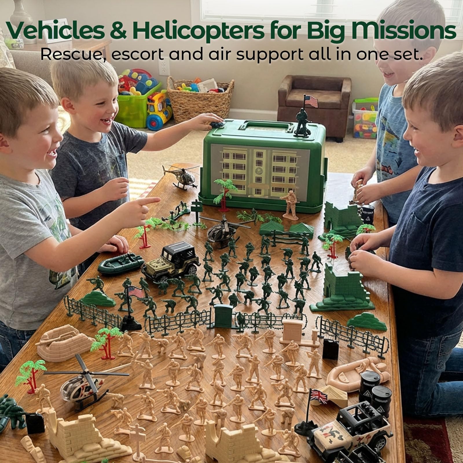 LovesTown off-road vehicles and helicopter for land, air, and water play.