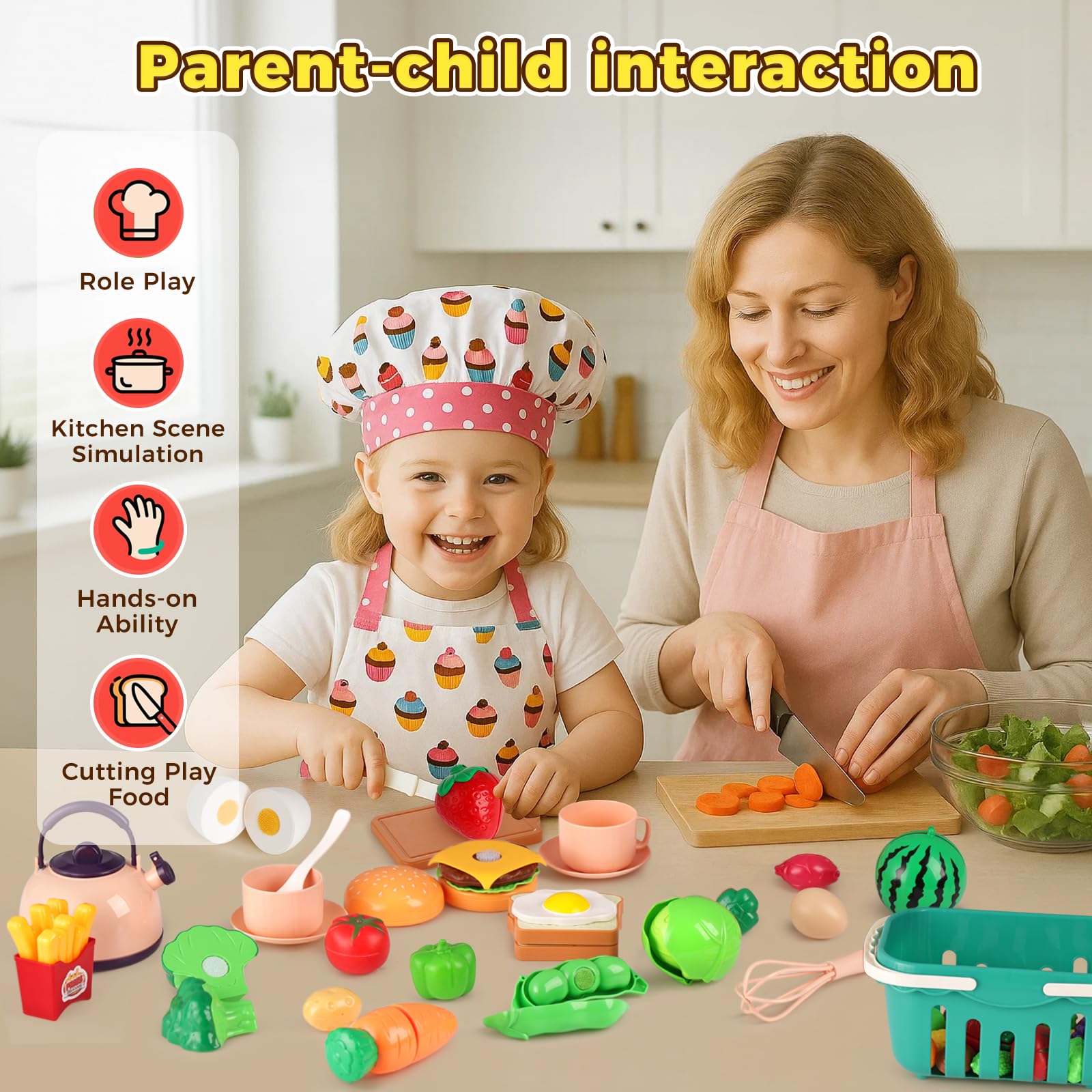LovesTown pink play kitchen basket with accessories helps keep play tidy and accessible.