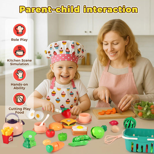 LovesTown pink play kitchen basket with accessories helps keep play tidy and accessible.