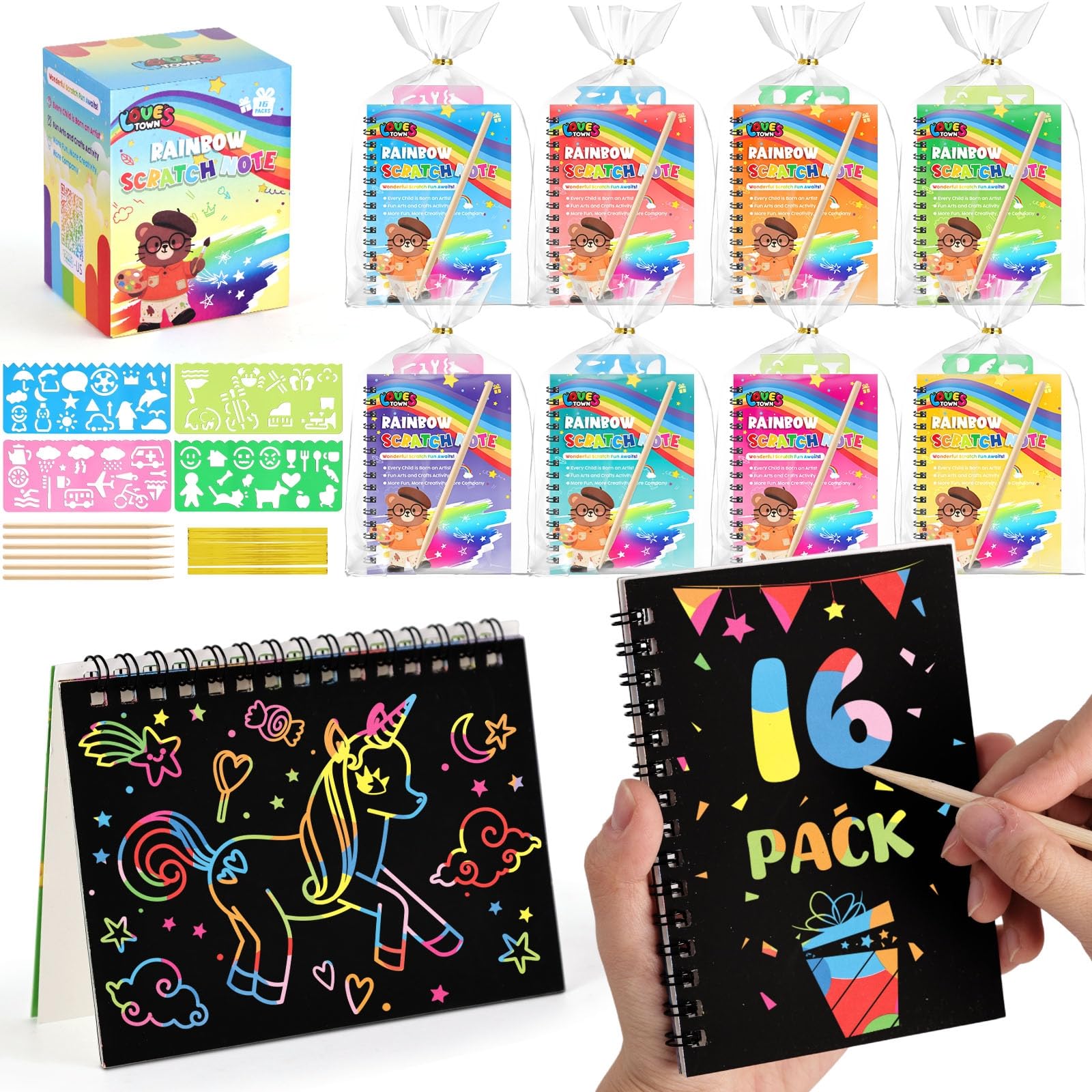 LovesTown rainbow scratch art books reveal bright colors for creative play.