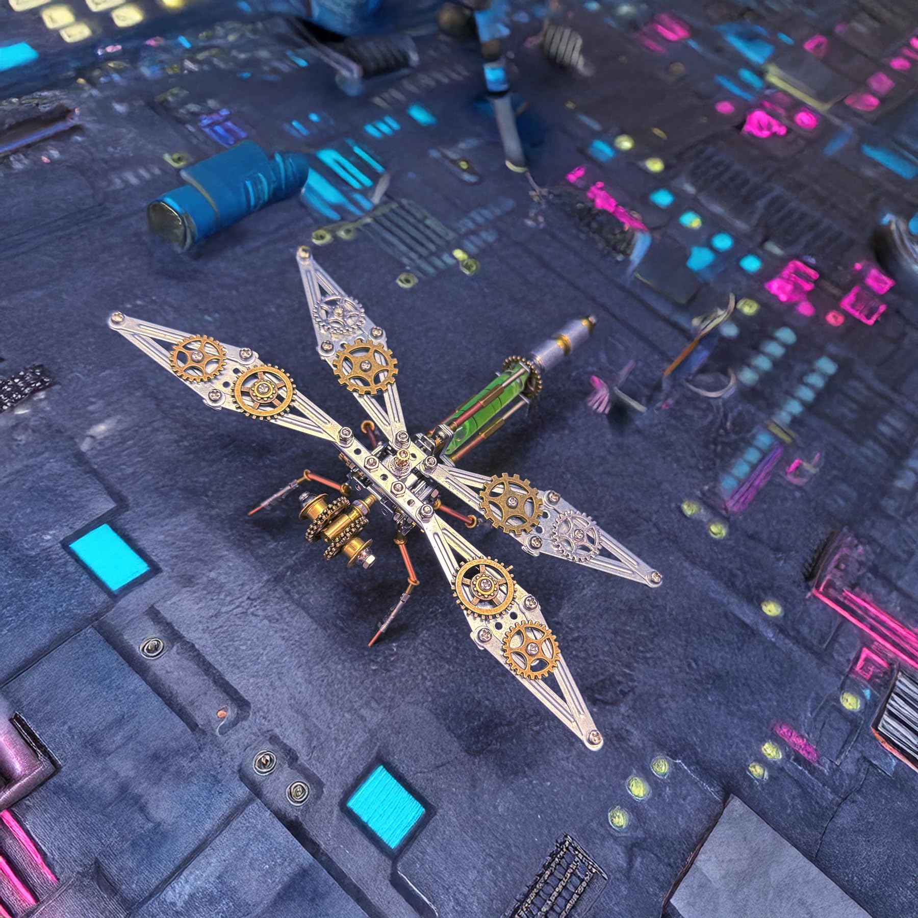 Lovewenying dragonfly mechanical sculpture close-up reveals steampunk charm and detailed craftsmanship at home