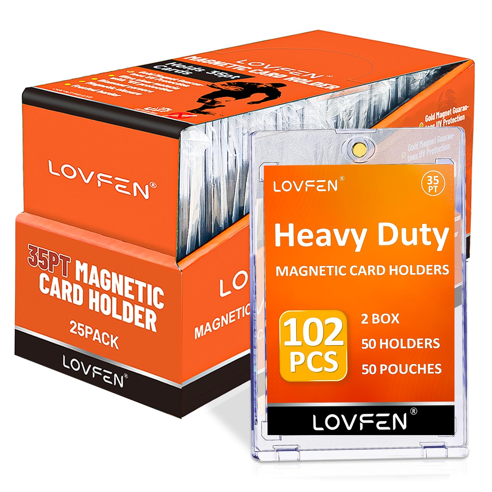 Lovfen magnetic card holder with gold closure protects standard trading cards.