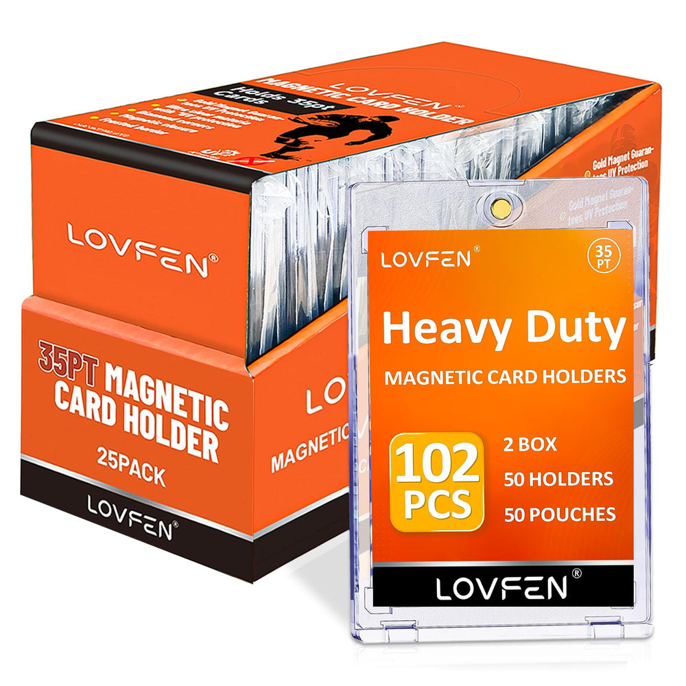 Lovfen magnetic card holder with gold closure protects standard trading cards.