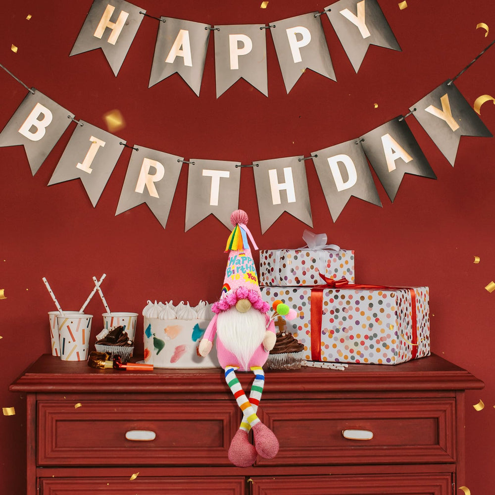 Lovinland Gnome with HAPPY BIRTHDAY balloon enhances party spaces