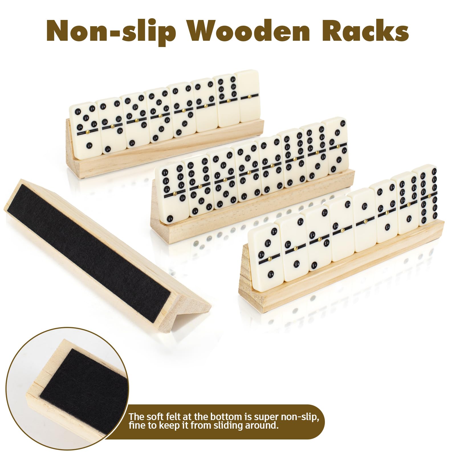 LOVITERRA wooden racks keep dominoes organized and steady during play.
