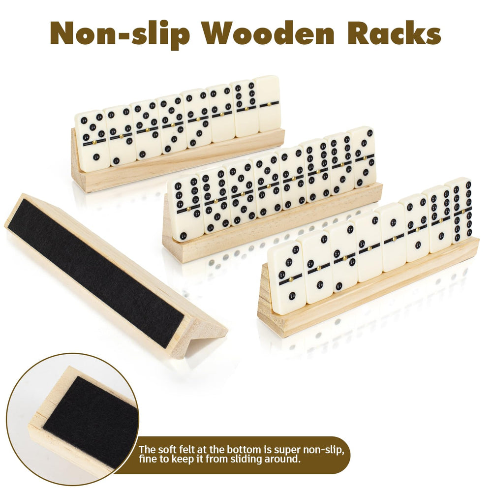 LOVITERRA wooden racks keep dominoes organized and steady during play.