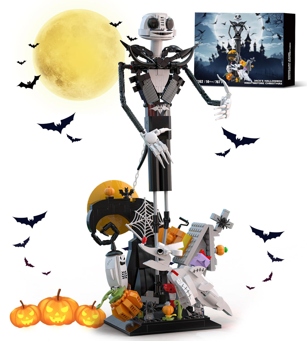 Loyratche Horror Skull Building Set close-up pumpkins for Halloween ambiance and display