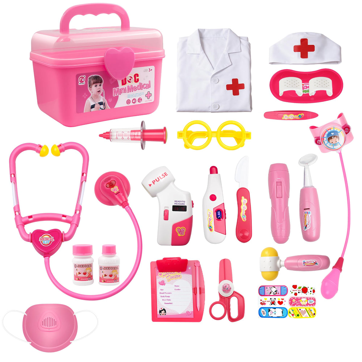 LPFG 24Pcs Doctor Kit laid out with coat and accessories for imaginative play.