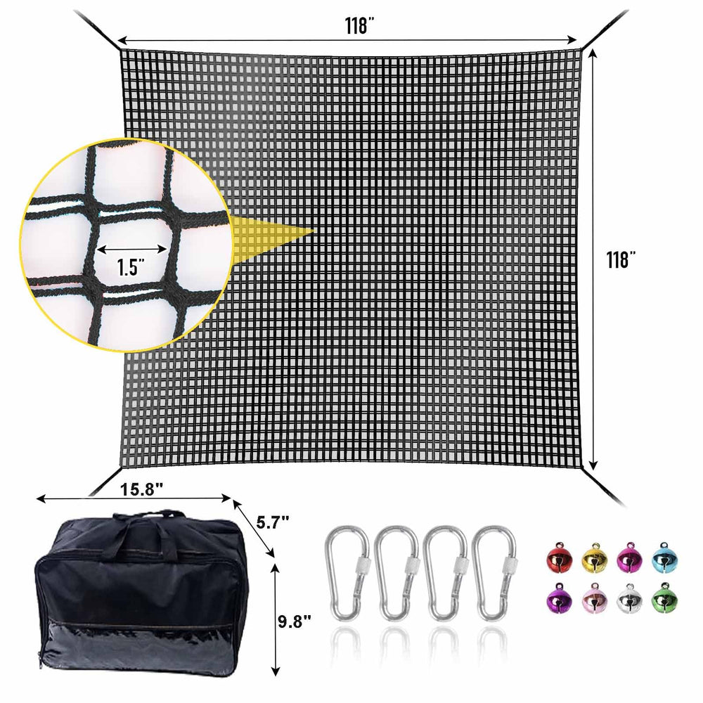 LPIW climbing net kit includes carabineers, bells, rope, and storage bag for easy setup.