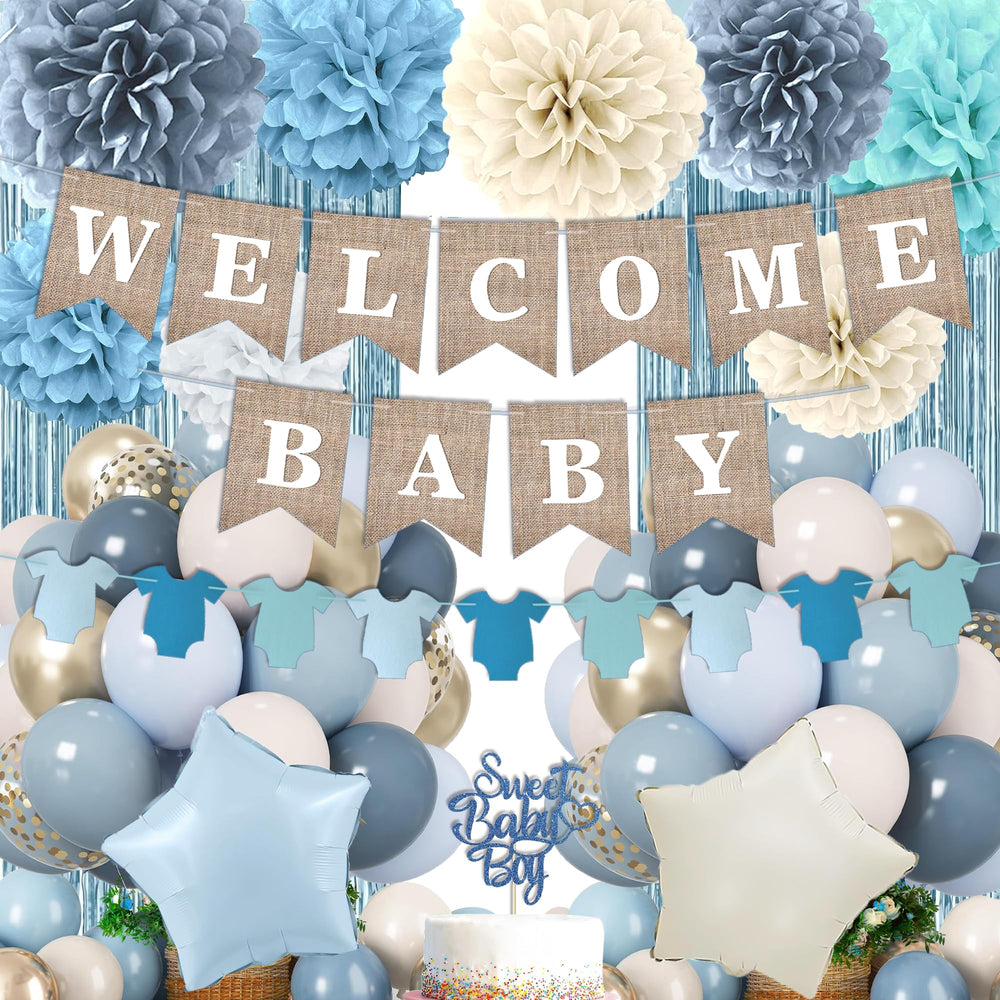 LQEIHR dusty blue welcome banner adds a warm, inviting mood to baby showers