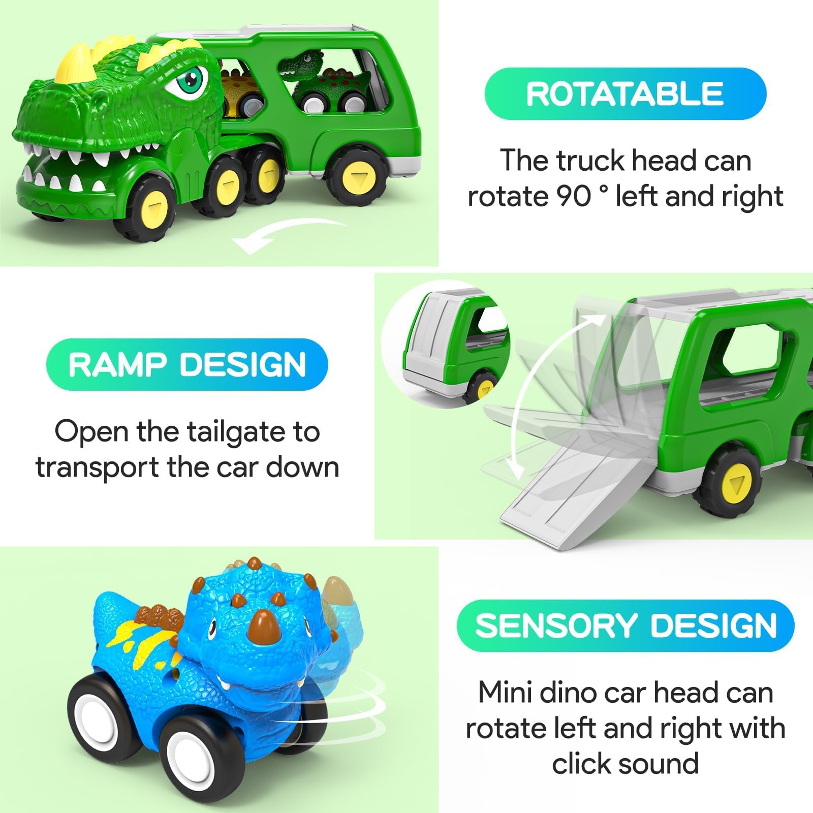 Lshfjnd open-tailgate dinosaur truck showing loading and unloading action