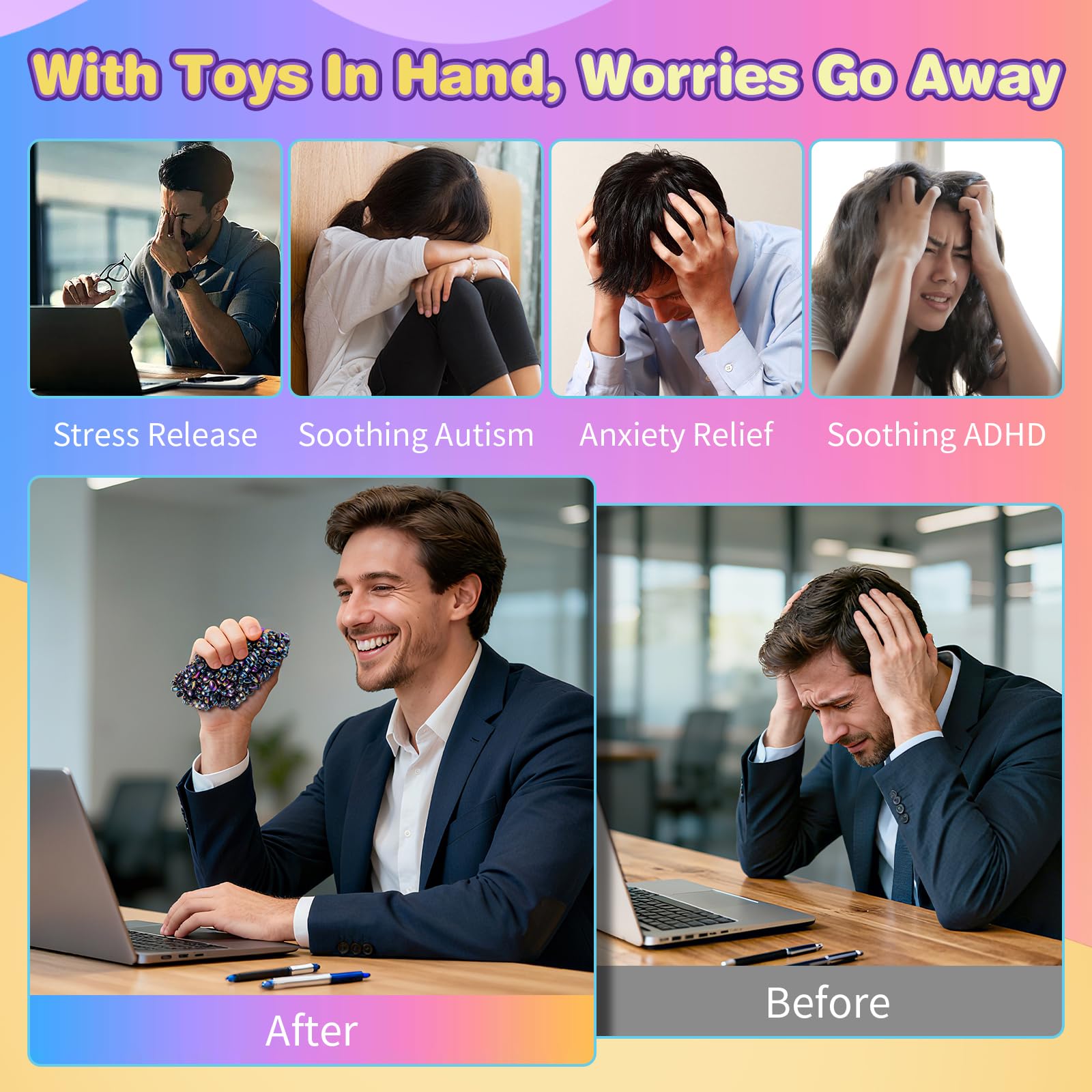 Lshfjnd sensory toys showcase colorful balls for visual stimulation at a desk.