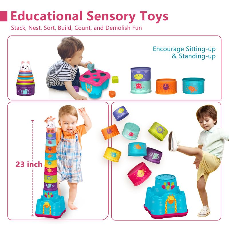 LTKFFFdp nesting cups with castle base promote sorting and stacking play.
