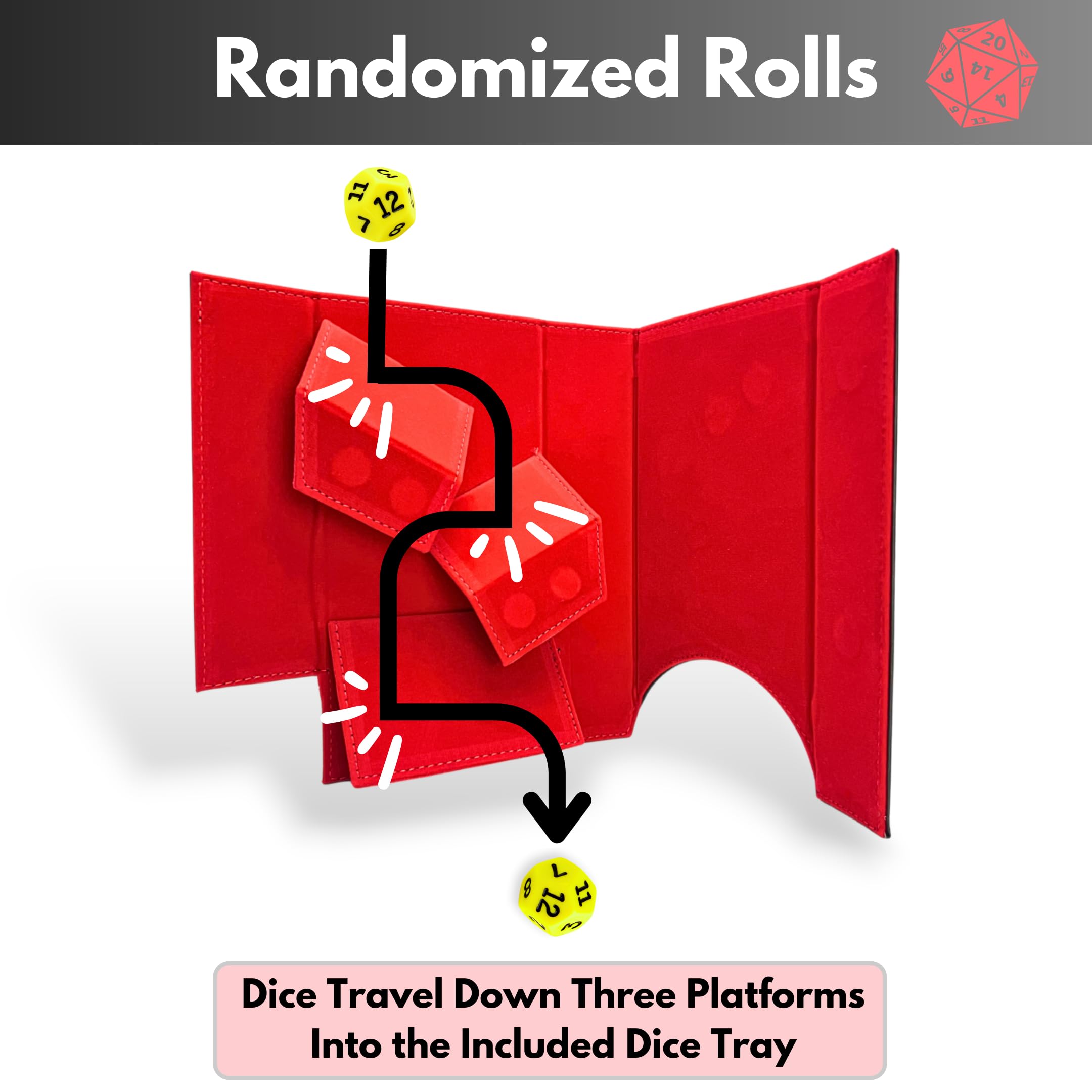 Luck Lab dice tower in black-red dragon design, eye-catching centerpiece for fantasy sessions.