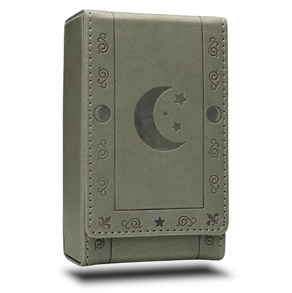 Luck Lab leather tarot case in grey with moon design, keeps decks secure when closed