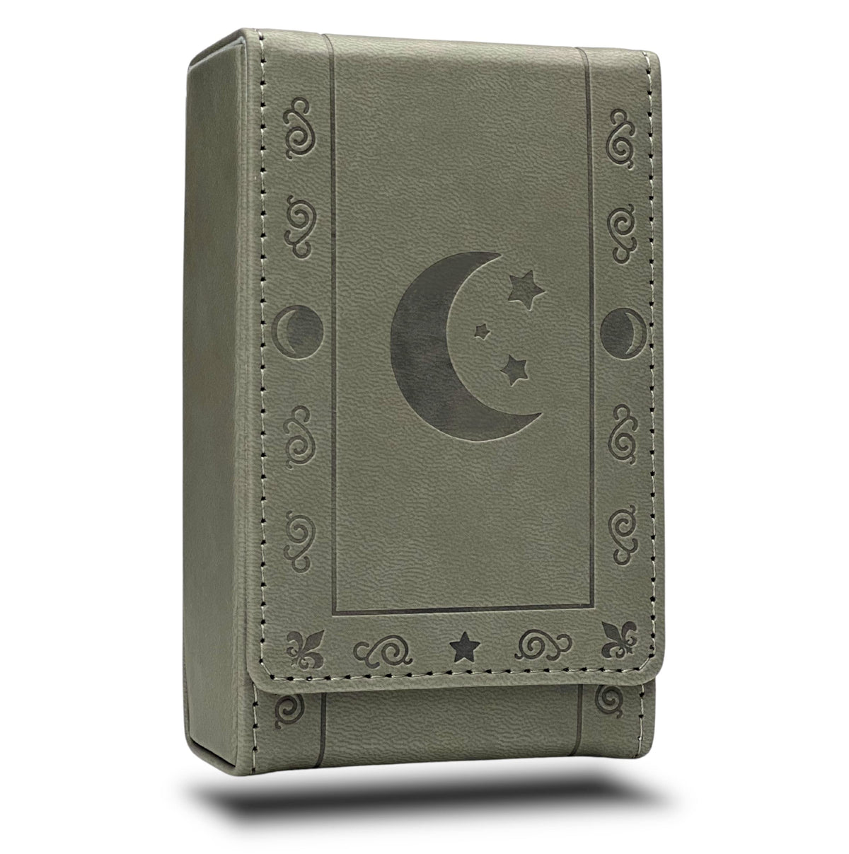 Luck Lab leather tarot case in grey with moon design, keeps decks secure when closed