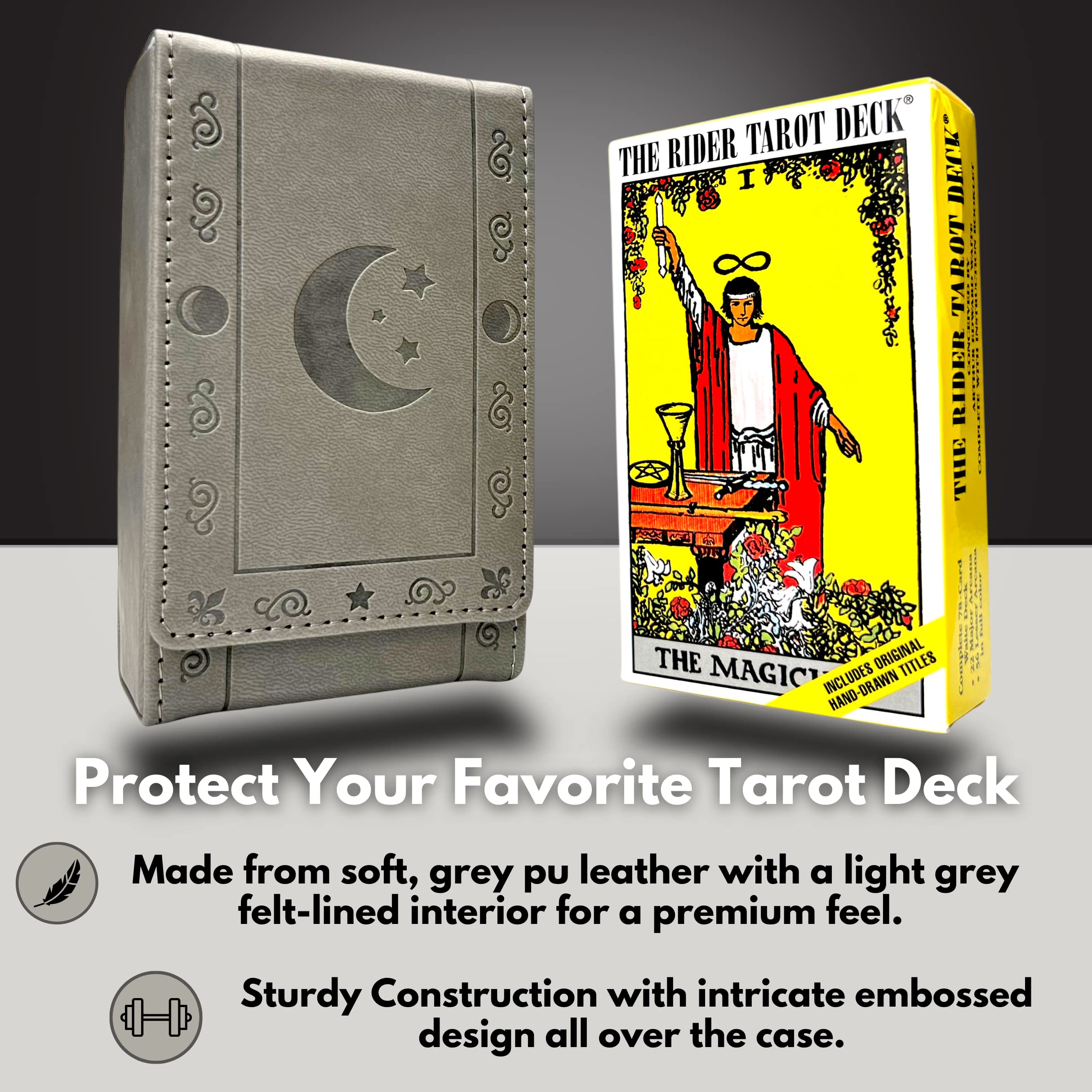 Luck Lab leather tarot case in grey with moon design, open view shows soft interior protection