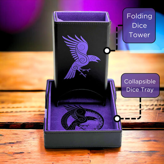 Luck Lab raven design dice tower in black and purple for versatile RPG use