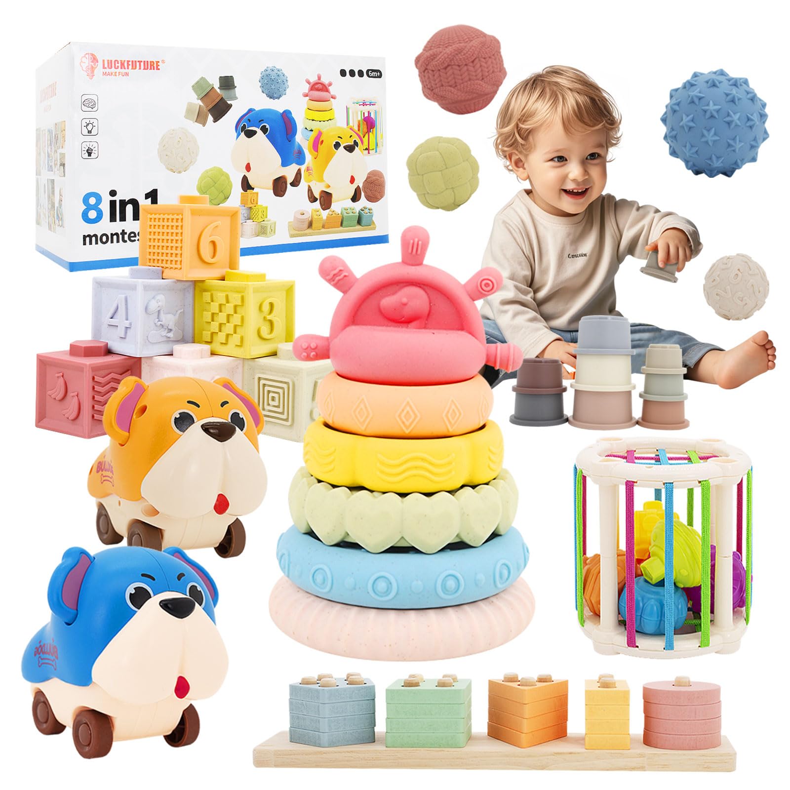 LUCKFUTURE 8-in-1 Montessori toy set with stacking blocks supports color and shape recognition.