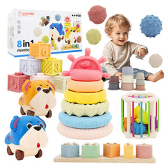 LUCKFUTURE 8-in-1 Montessori toy set with stacking blocks supports color and shape recognition.