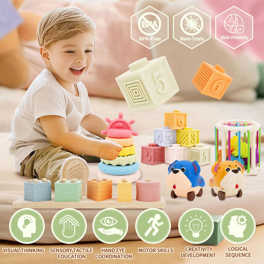 LUCKFUTURE 8-in-1 Montessori toy set with stacking rings promotes fine motor skills.