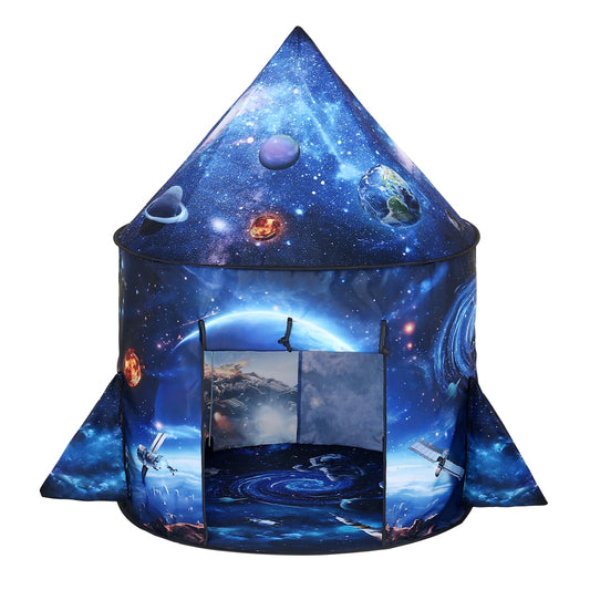 Lucky Castle rocket ship tent Galaxy full view enables imaginative play at home.