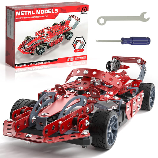Lucky Doug model car kit parts laid out for hands-on STEM building.