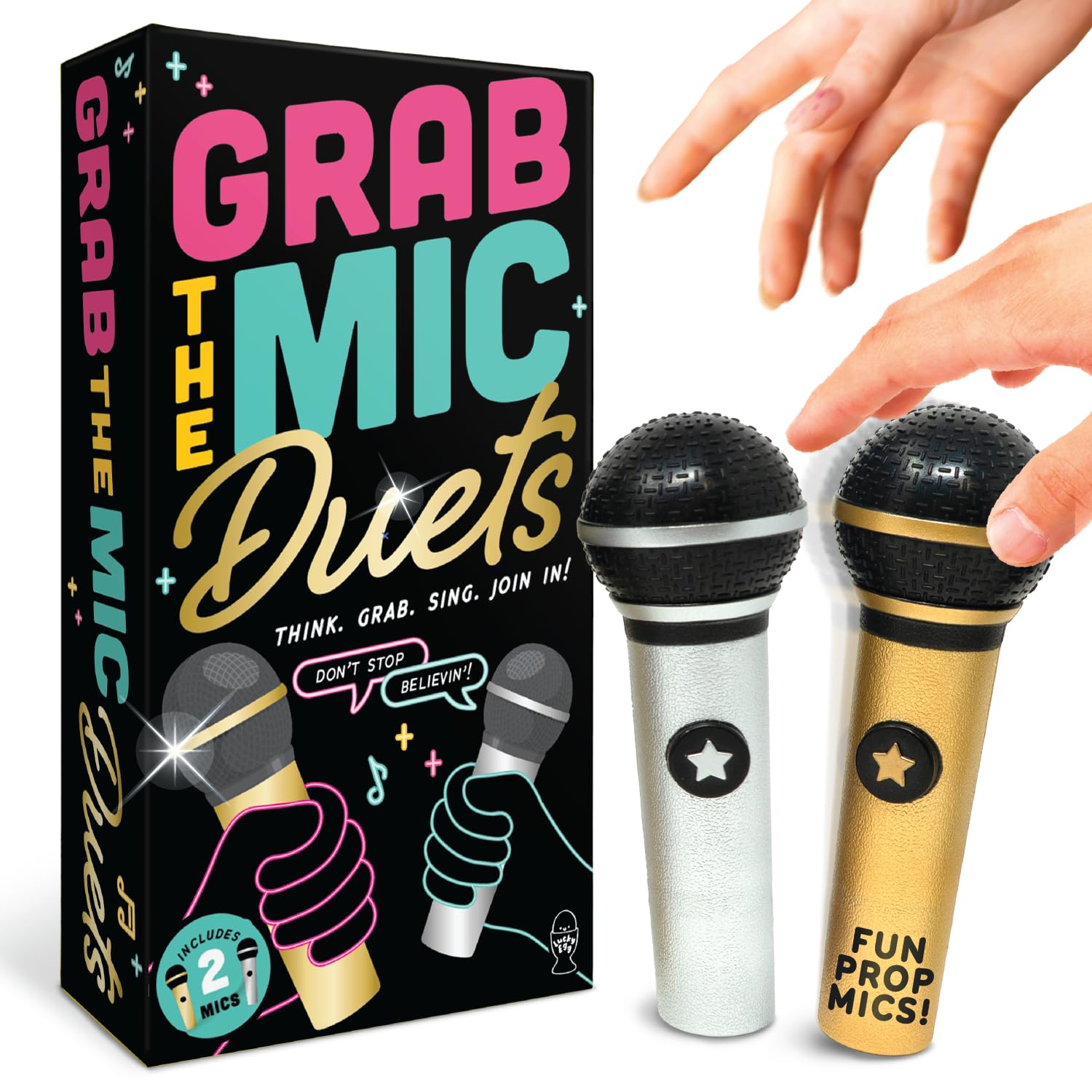Lucky Egg Grab The Mic Duets box front, ideal for family game night.