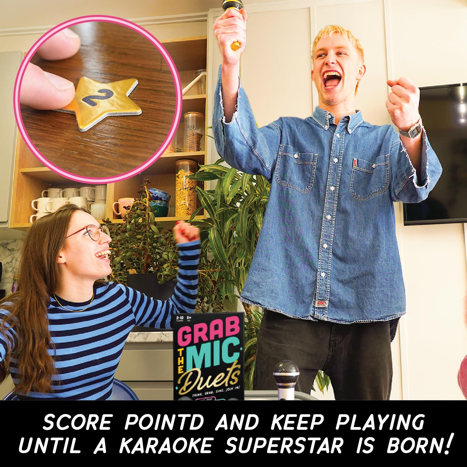 Lucky Egg Grab The Mic Duets setup on table during family game night.