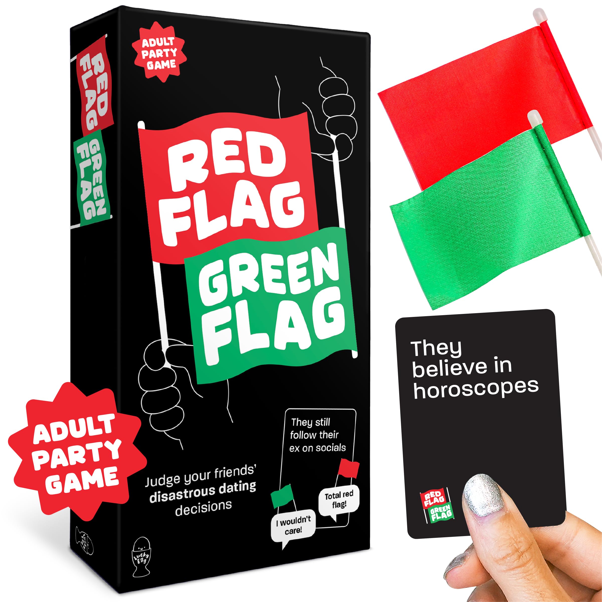 Lucky Egg red and green flag party game deck for lively dating scenario discussions.