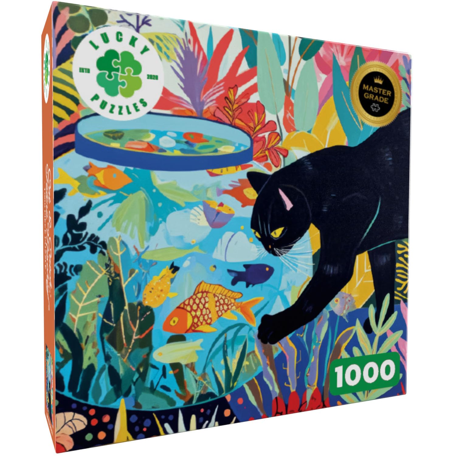 Lucky Puzzles Cat & Catch mischief scene showcases bold brushwork and playful cat character.