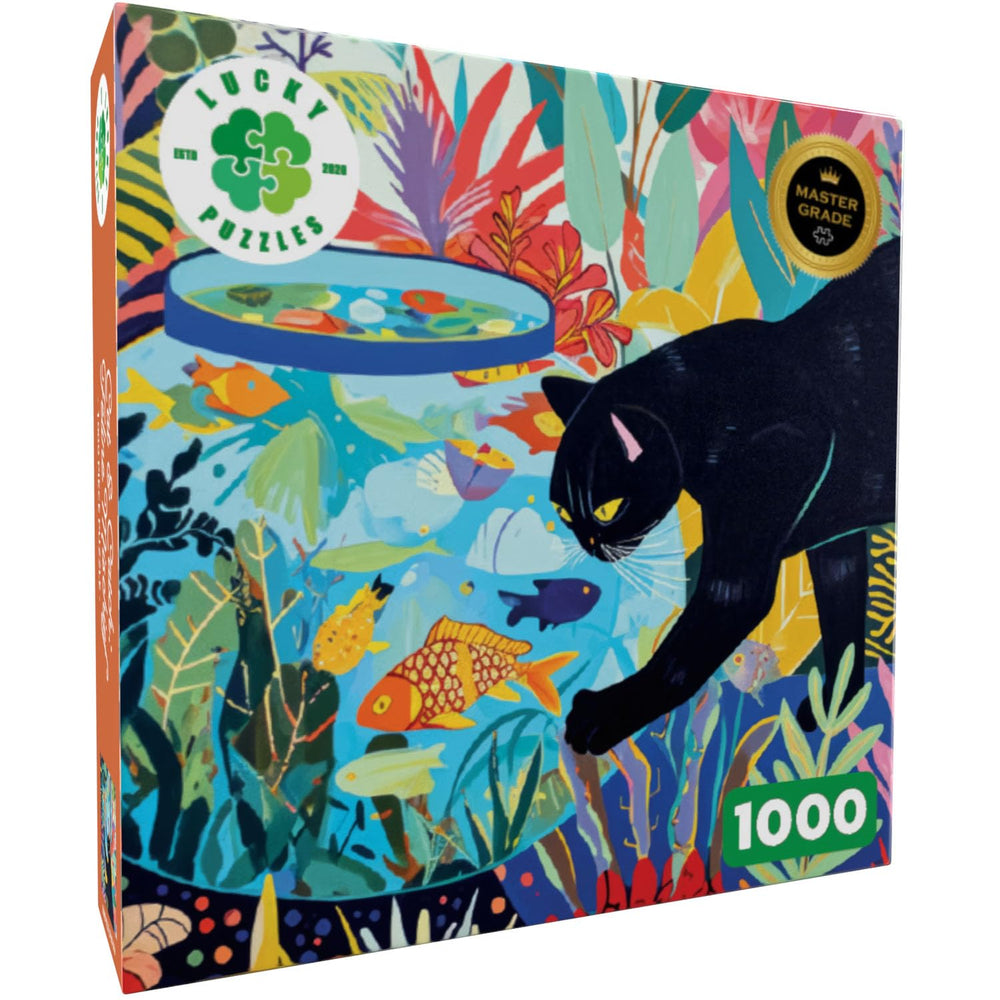 Lucky Puzzles Cat & Catch mischief scene showcases bold brushwork and playful cat character.
