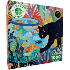 Lucky Puzzles Cat & Catch mischief scene showcases bold brushwork and playful cat character.