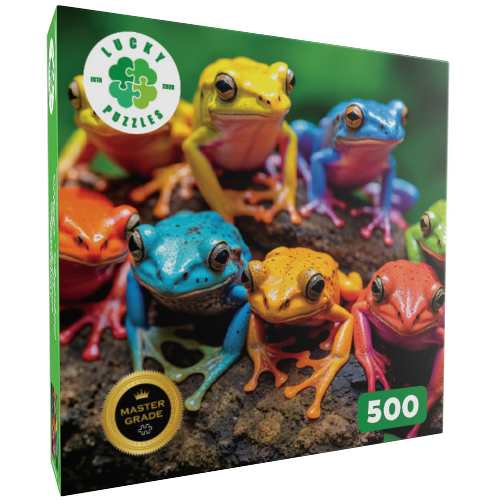 Lucky Puzzles Frogs Rainbow Rendezvous close-up of frog characters highlighting playful scene and intricate piecework.