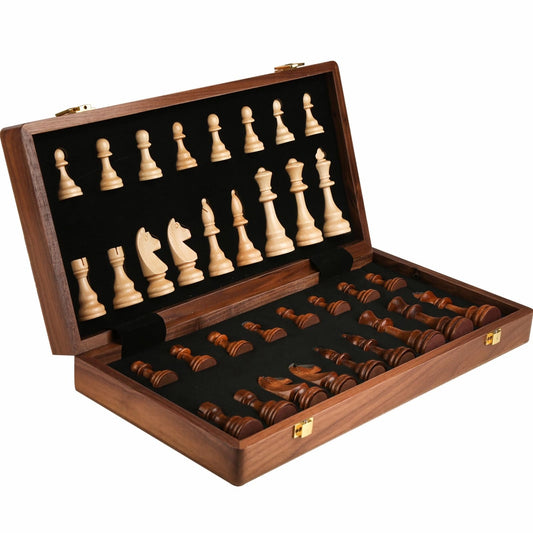 LuckyWish 15-inch walnut chess set folded for portable storage and travel