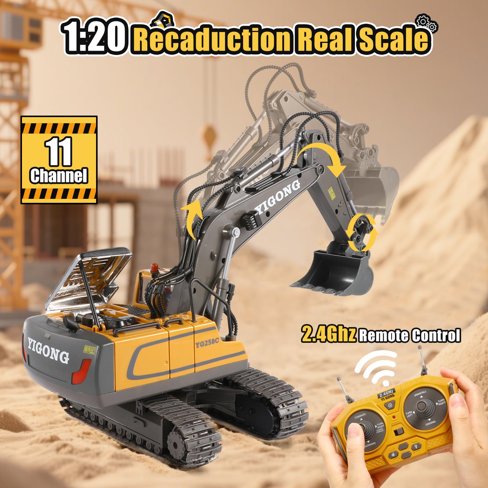 LUDILO excavator LED lights and rumbling engine sounds enhance night play
