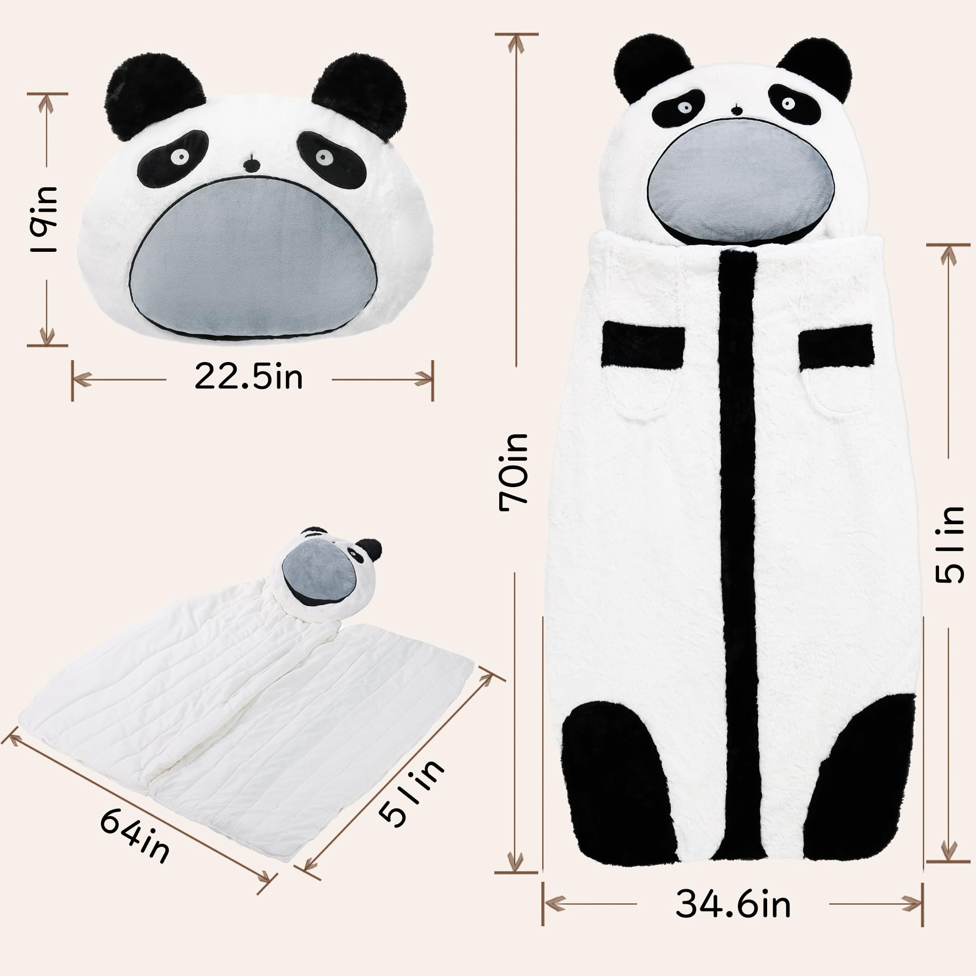 LUFEEMGA panda torso unfolded, revealing a full sleeping bag for comfy naps.