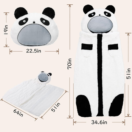 LUFEEMGA panda torso unfolded, revealing a full sleeping bag for comfy naps.