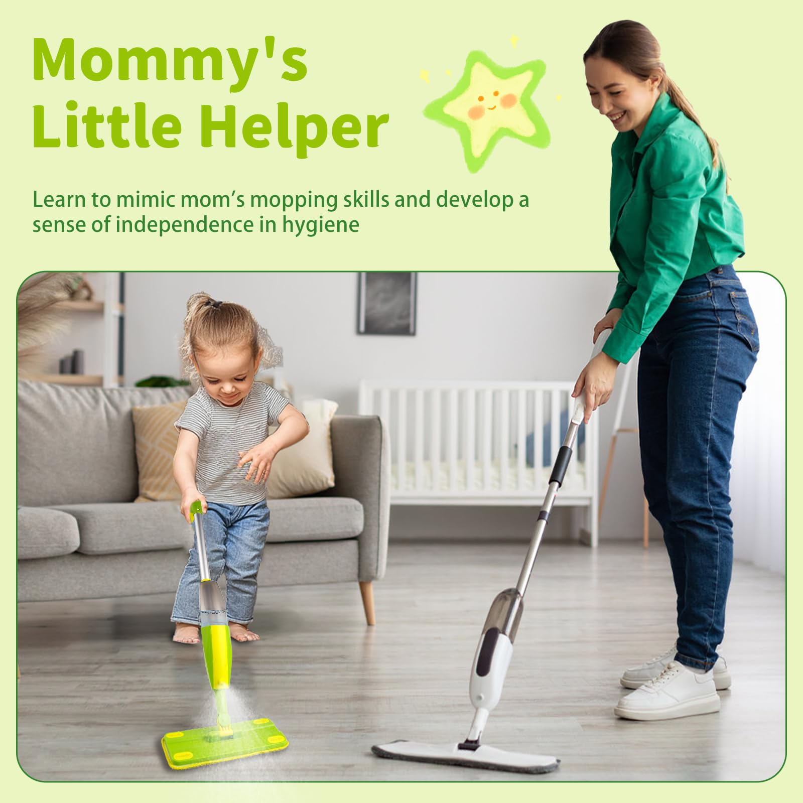 Lullulii leak-proof sprayer reduces spills during playful cleaning.