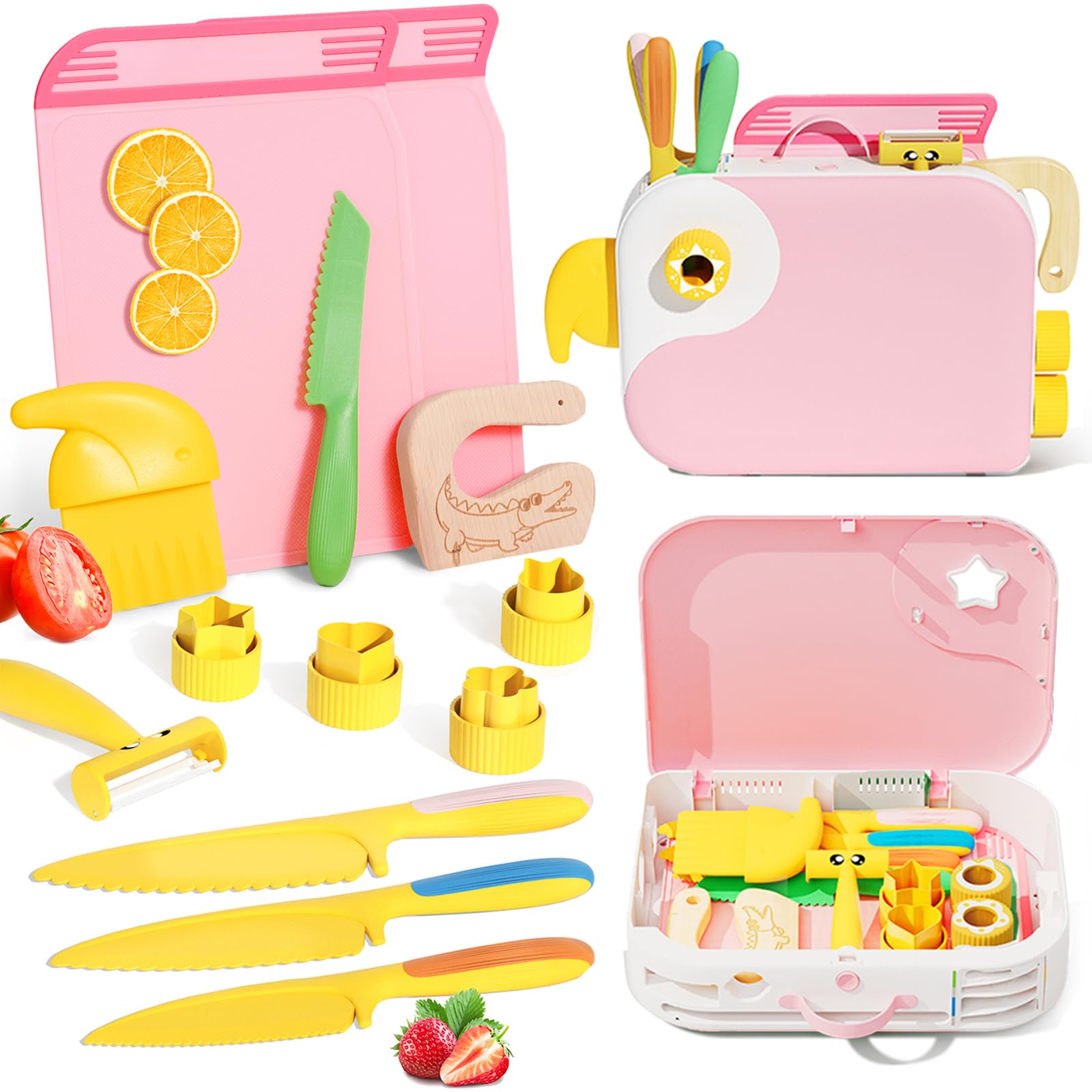 Lullulii Montessori kitchen tools pink storage box view, supports organized real cooking for kids.