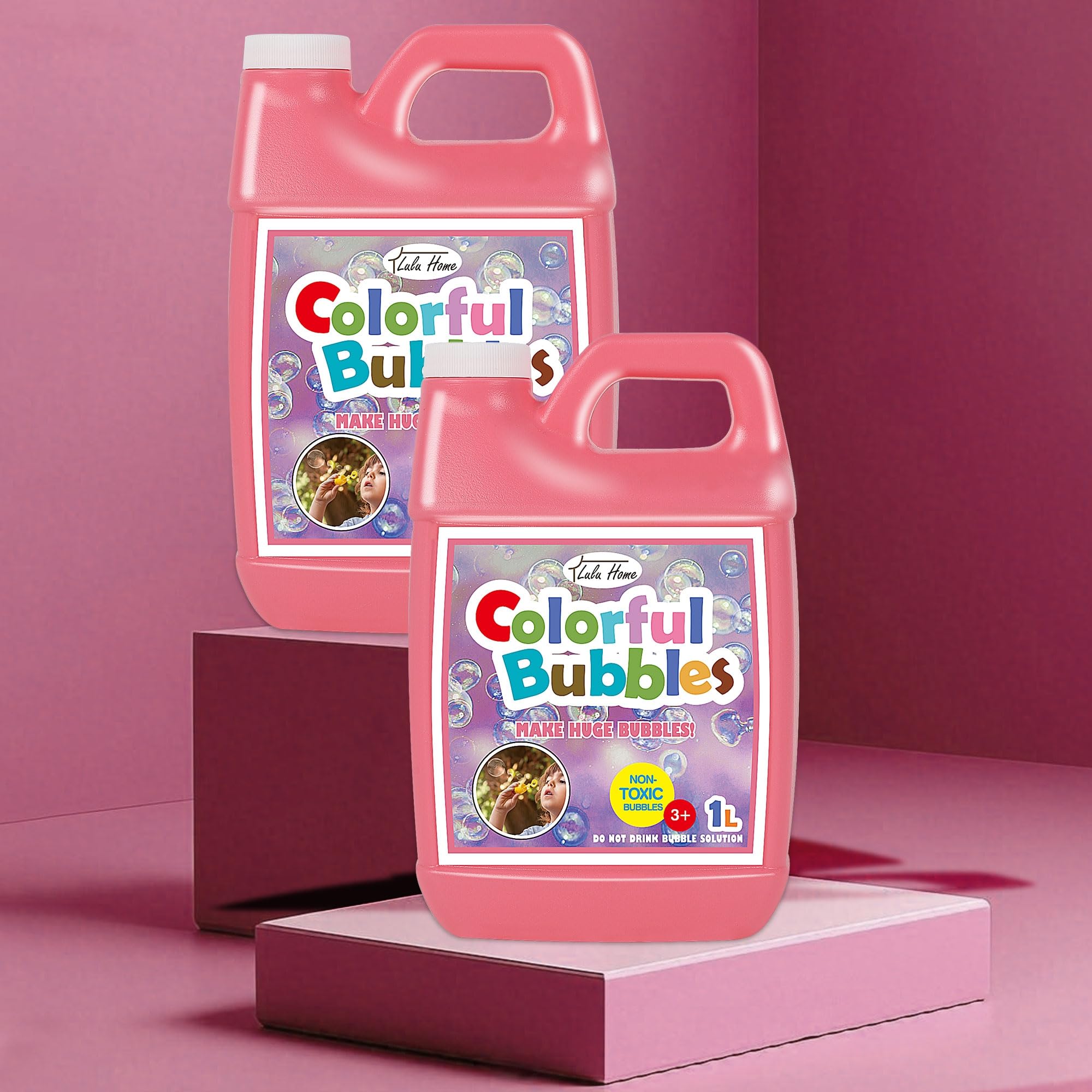 Lulu Home bubble solution beside wand, helps create dozens of bubbles
