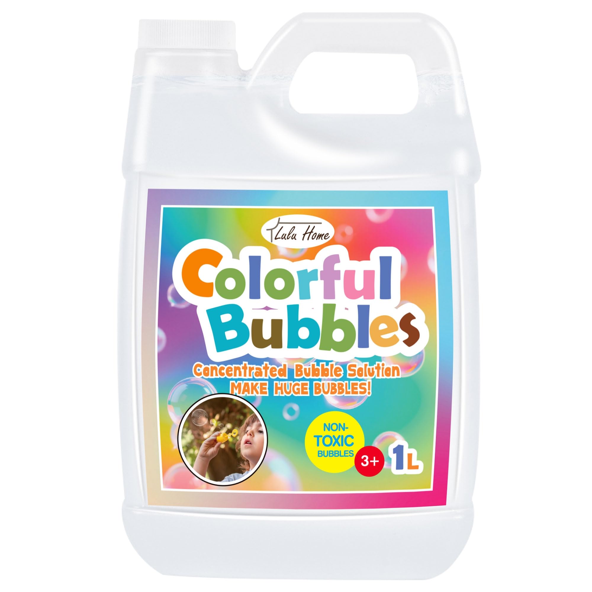 Lulu Home concentrated bubble solution bottle close-up for safe, kid-friendly refills.