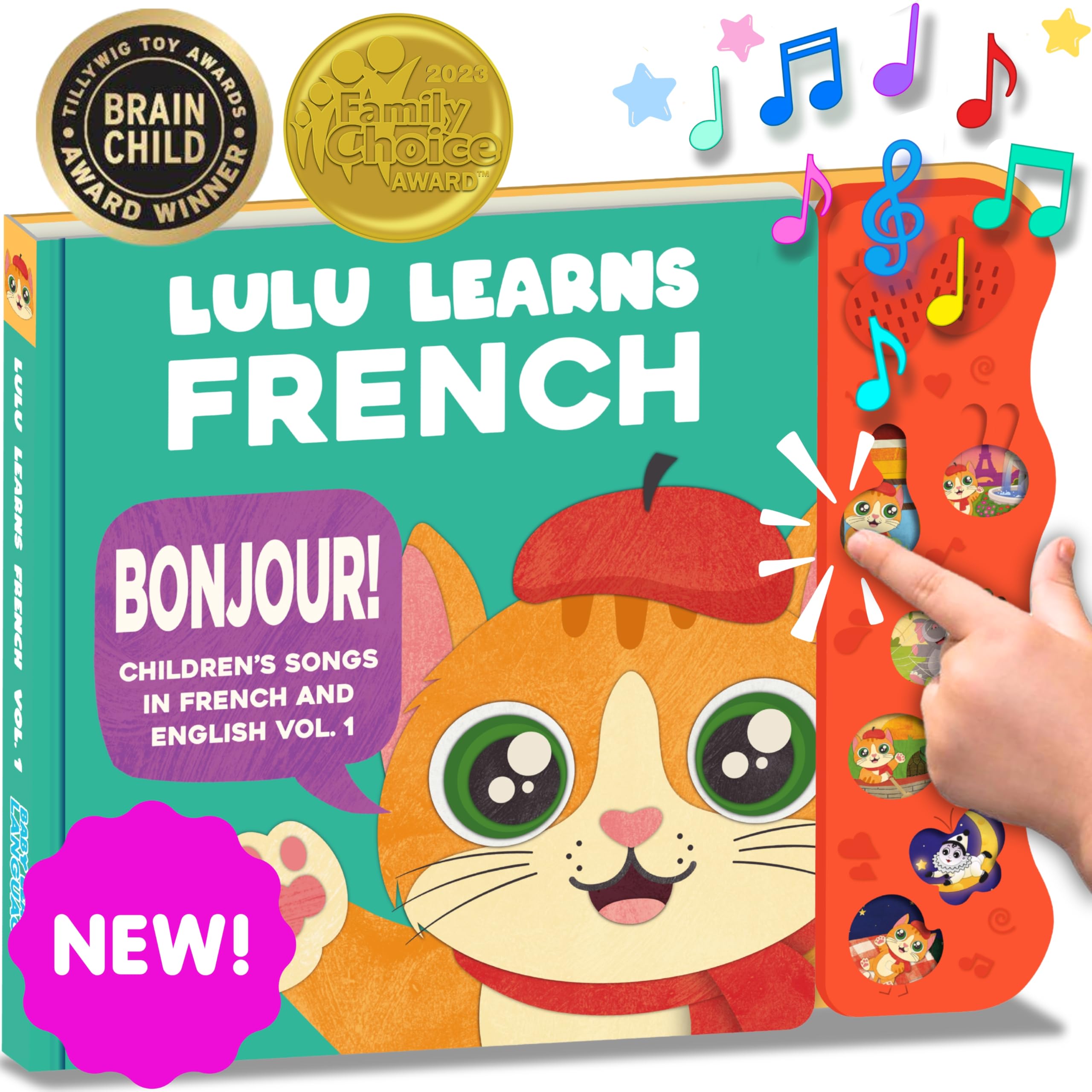 Lulu Learns French book cover with interactive songs for early language exposure.